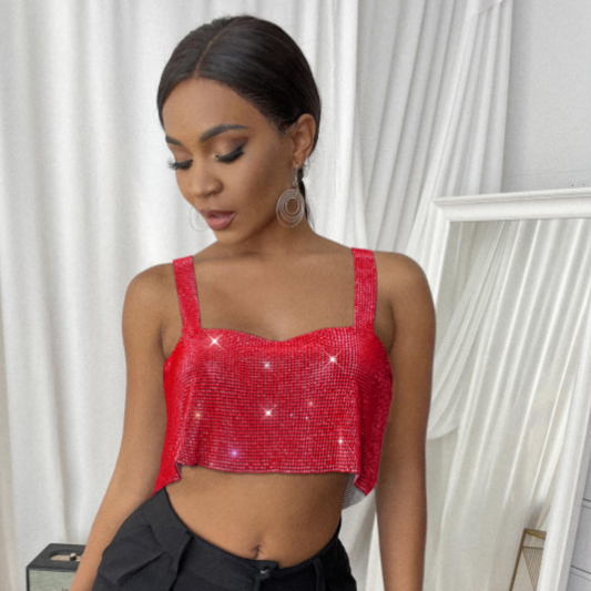 Crop Top Halter Metalizado con Diamantes Rojo