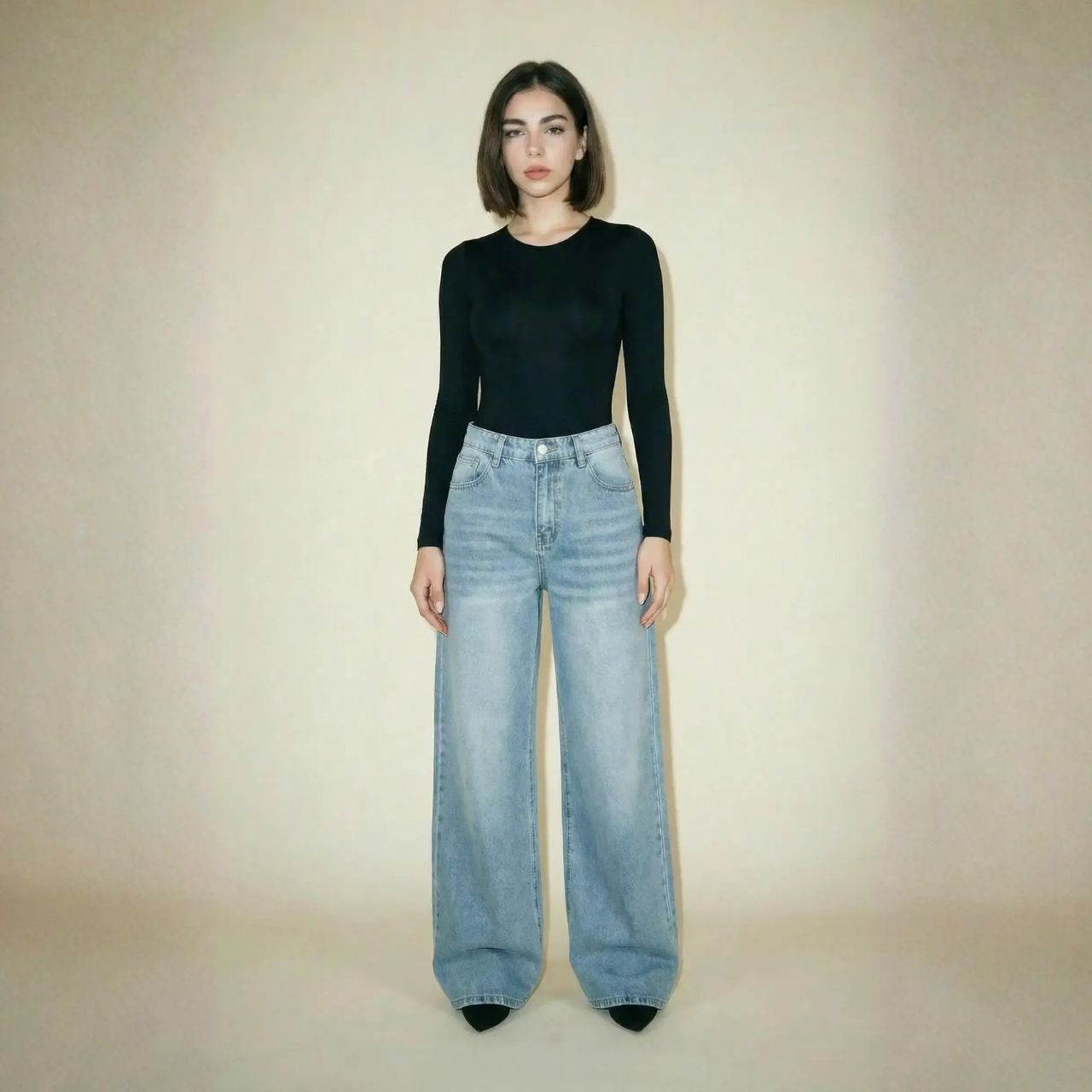 Body Manga Larga Cuello Redondo Mujer Negro