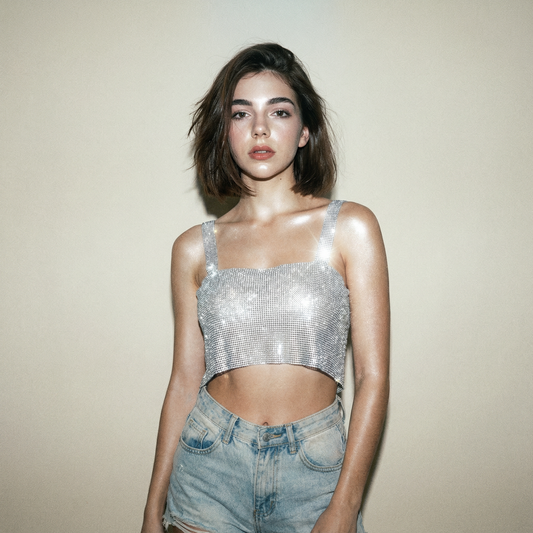 Crop Top Metalizado con Brillos Plateado