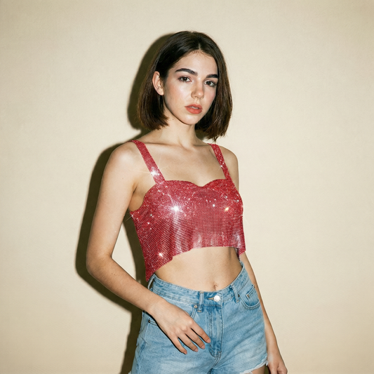 Crop Top Metalizado con Brillos Rojo