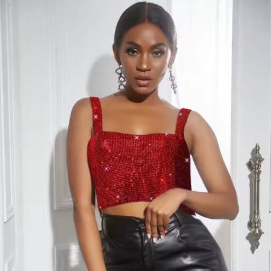 Crop Top Halter Metalizado con Diamantes Rojo