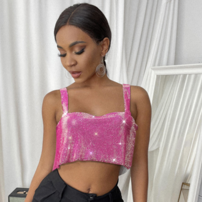Crop Top Halter Metalizado con Diamantes Púrpura