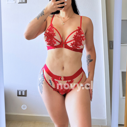 Conjunto 2 Piezas Lencería de Encaje Erotica Mujer Sexy Rojo