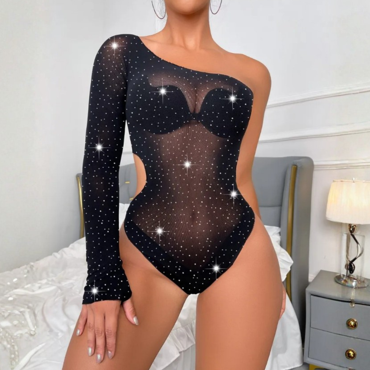 Body Asimétrico con Brillos color negro