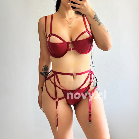 Conjunto 3 Piezas Lenceria Erotica Mujer Sexy Terciopelo Rojo