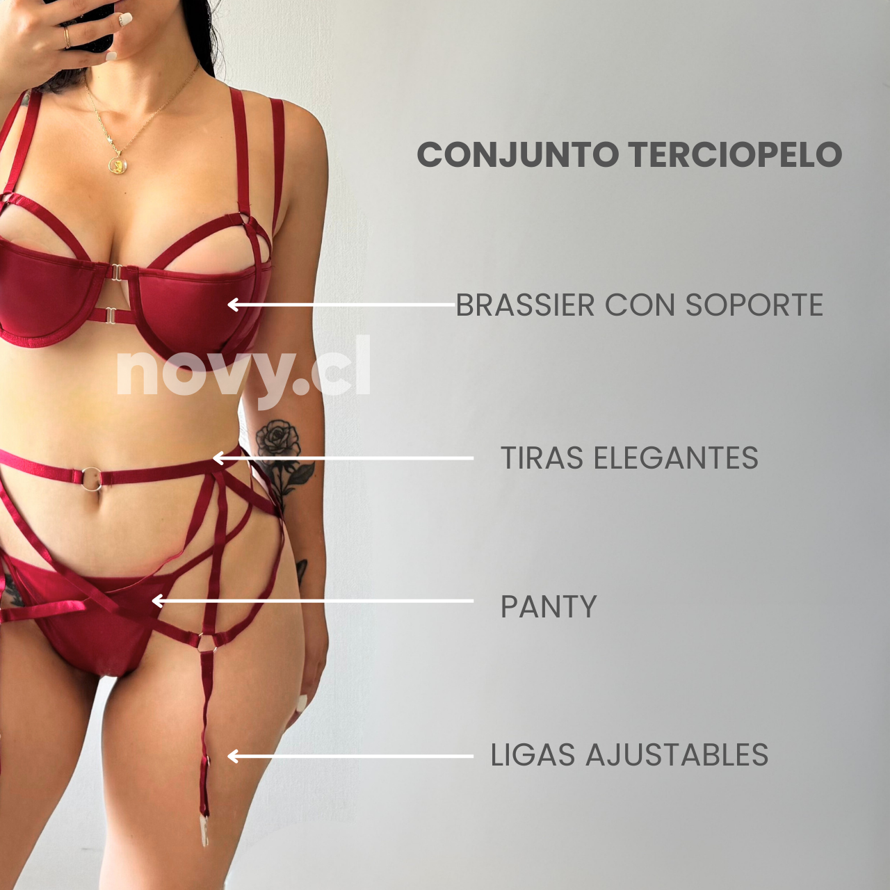 Conjunto 3 Piezas Lenceria Erotica Mujer Sexy Terciopelo Rojo