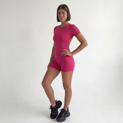 Enterito Deportivo corto Espalda abierta manga corta Fucsia