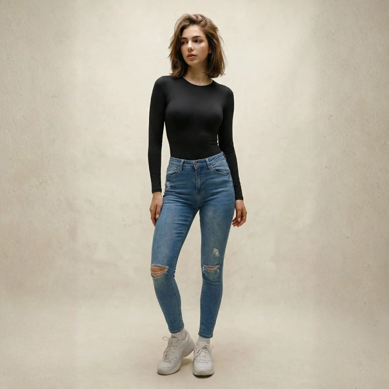 Body Manga Larga Cuello Redondo Mujer Negro