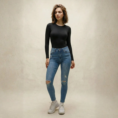 Body Manga Larga Cuello Redondo Mujer Negro