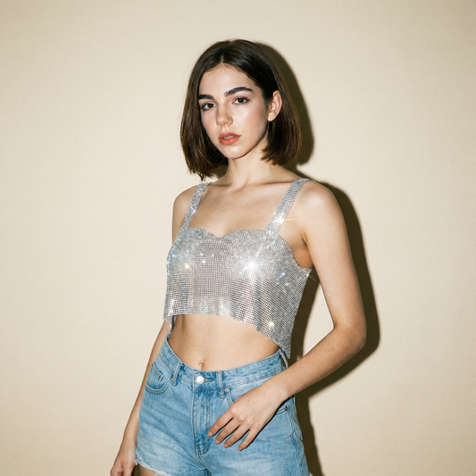 Crop Top Metalizado con Brillos Plateado