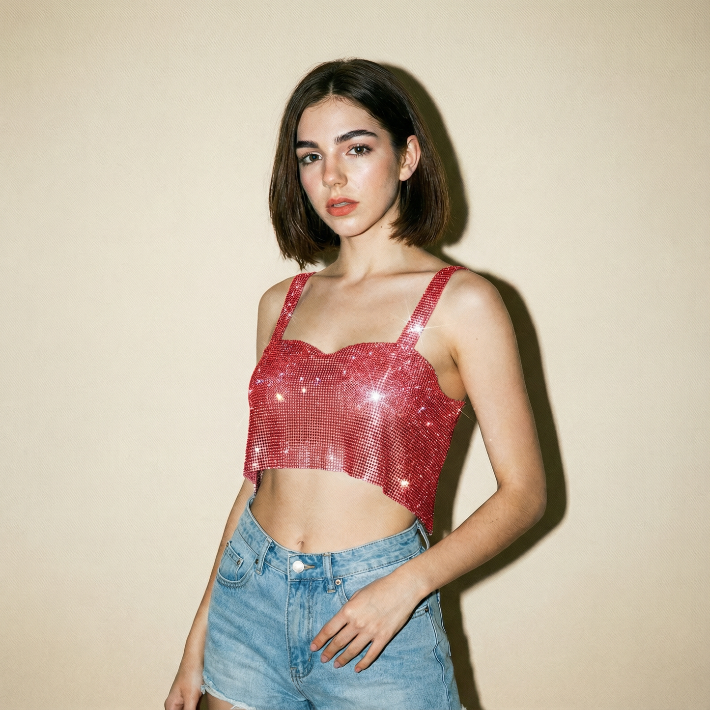 Crop Top Metalizado con Brillos Rojo
