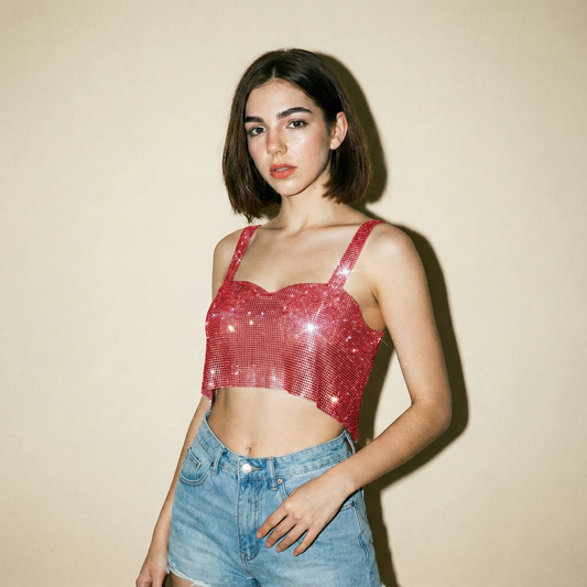 Crop Top Metalizado con Brillos Rojo