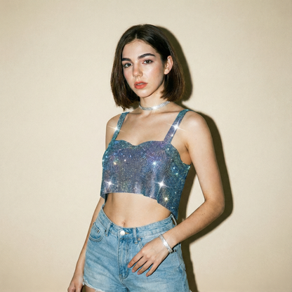 Crop Top Metalizado con Brillos Azul