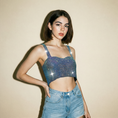 Crop Top Metalizado con Brillos Azul