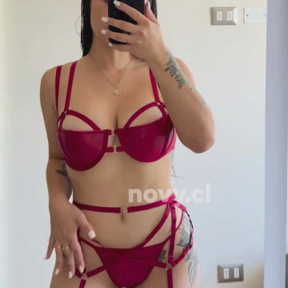 Conjunto 3 Piezas Lenceria Erotica Mujer Sexy Terciopelo Rojo